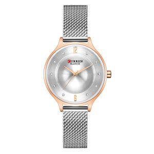 Curren 9031 RG Case Stone Silver Dial Mesh Chain Women Watch