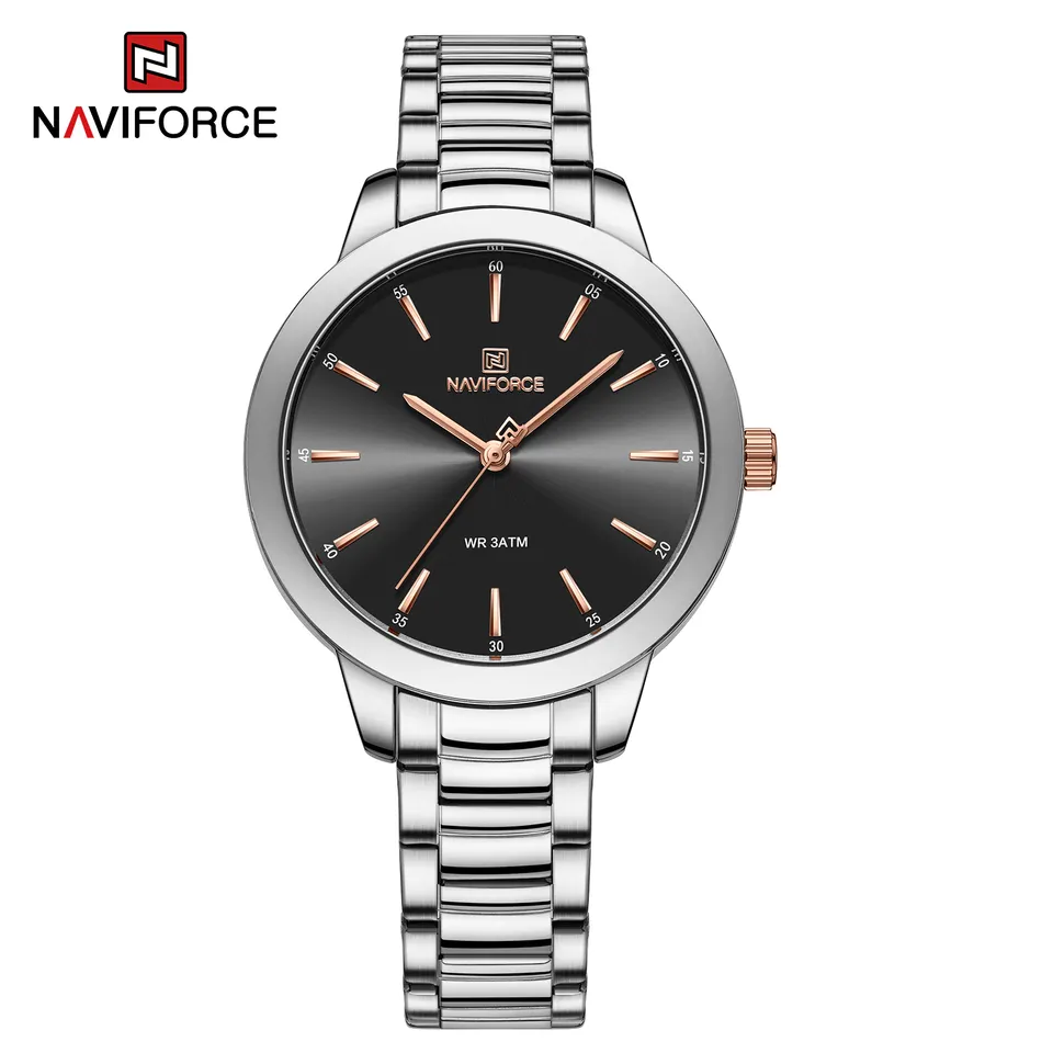 NaviForce 5025 Silver Band Black Dial women watch